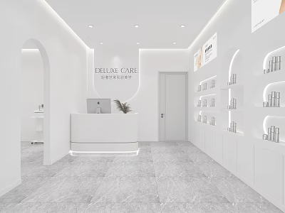 Modern Dermal Care Beauty Salon With White Interior Arch Design Reception Desk And Product Shelves 3d model