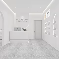 Modern Dermal Care Beauty Salon With White Interior Arch Design Reception Desk And Product Shelves
