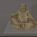 Golden Seated Buddha Sculpture with Smiling Face on Display Stand