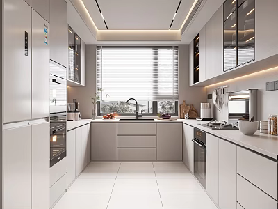 Modern Kitchen Interior With White Cabinets Countertops Appliances And Window Blinds 3d model