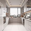 Modern Kitchen Interior With White Cabinets Countertops Appliances And Window Blinds