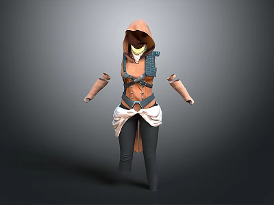 Hooded Brown Costume Featuring Leather Vest Straps White Fabric And Belt Details 3d model