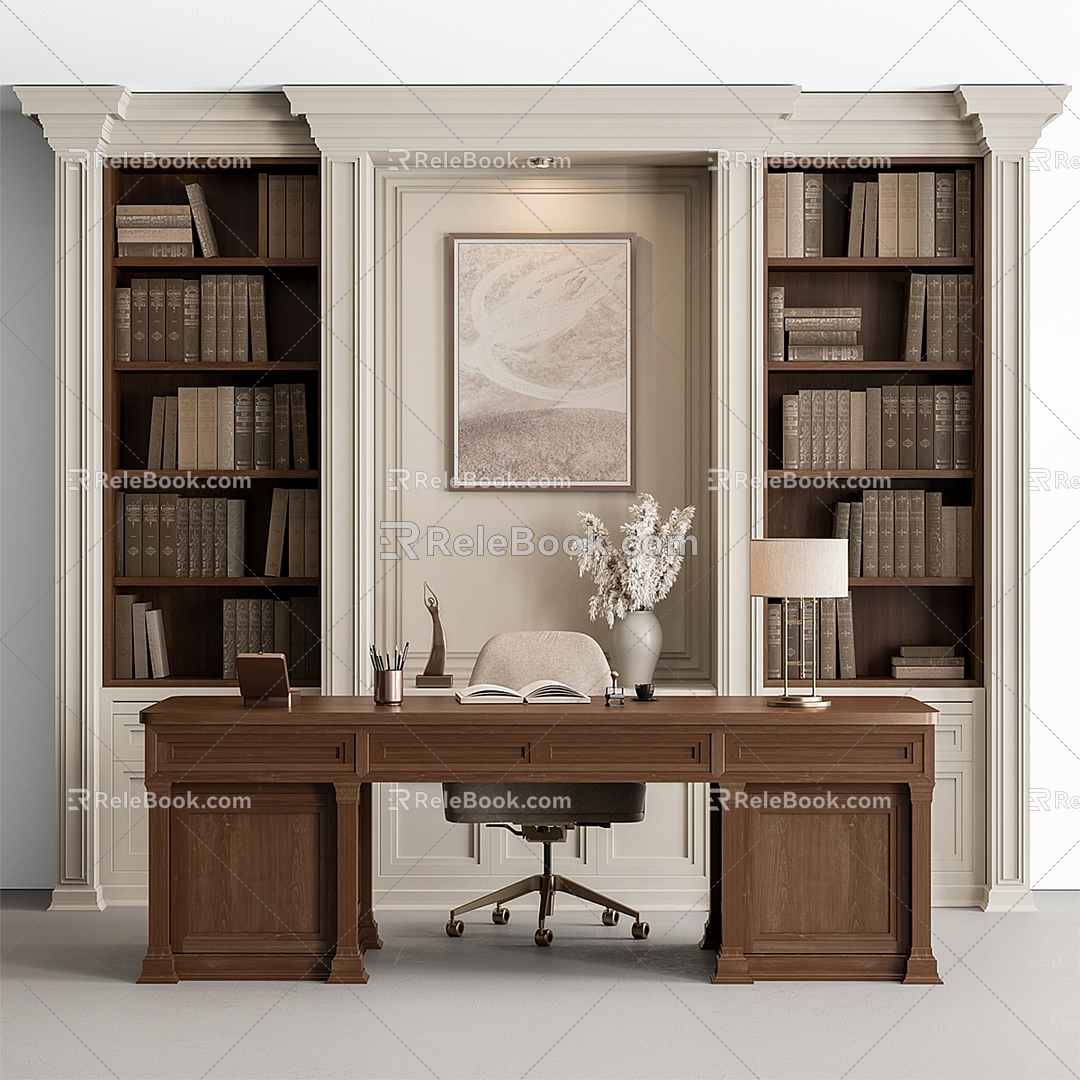 Jane European Bookcase Office Desk and Chair Study 3d model