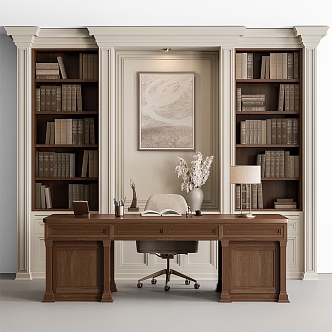 Jane European Bookcase Office Desk and Chair Study 3d model