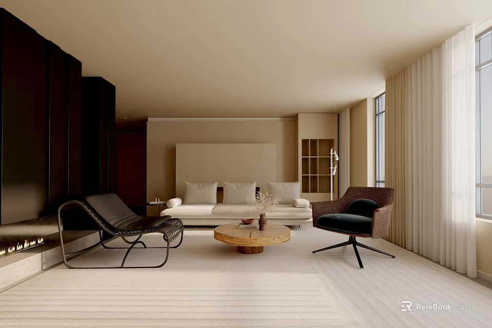 Modern Living Room Interior With Beige Sofa Accent Chair Round Coffee Table And Carpet 3d model 