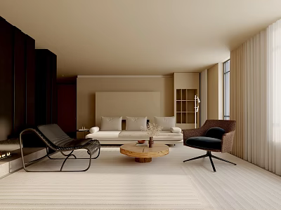 Modern Living Room Interior With Beige Sofa Accent Chair Round Coffee Table And Carpet 3d model