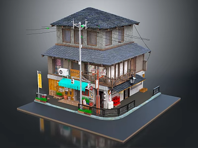 Cartoon Scene Traditional Japanese Two Story Building Shop With Front Awning Street Lamp And Balcony 3d model