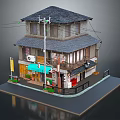 Cartoon Scene Traditional Japanese Two Story Building Shop With Front Awning Street Lamp And Balcony