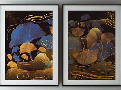 Two Framed Artworks With Blue And Gold Ginkgo Leaves And Wavy Lines In White Borders 3d model