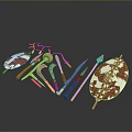 Collection of Traditional Decorative Weapons Featuring Shields Spears Axes and Hooks