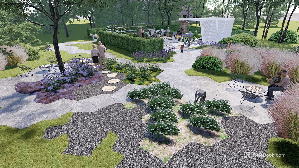 Park Landscape Design With Stone Path Lush Bushes Colorful Flowers And Pavilion 3d model 