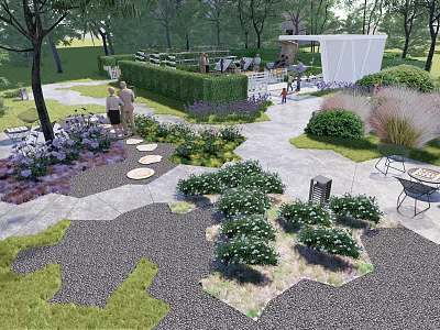 Park Landscape Design With Stone Path Lush Bushes Colorful Flowers And Pavilion 3d model