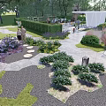 Park Landscape Design With Stone Path Lush Bushes Colorful Flowers And Pavilion