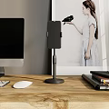 Wooden Home Office Desk Setup With Phone Stand Notebooks Mouse Keyboard Bookshelf And Monitor