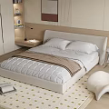 Modern Minimalist Interior White Double Bed With Wooden Headboard Nightstand Table Lamp And Accent Chair