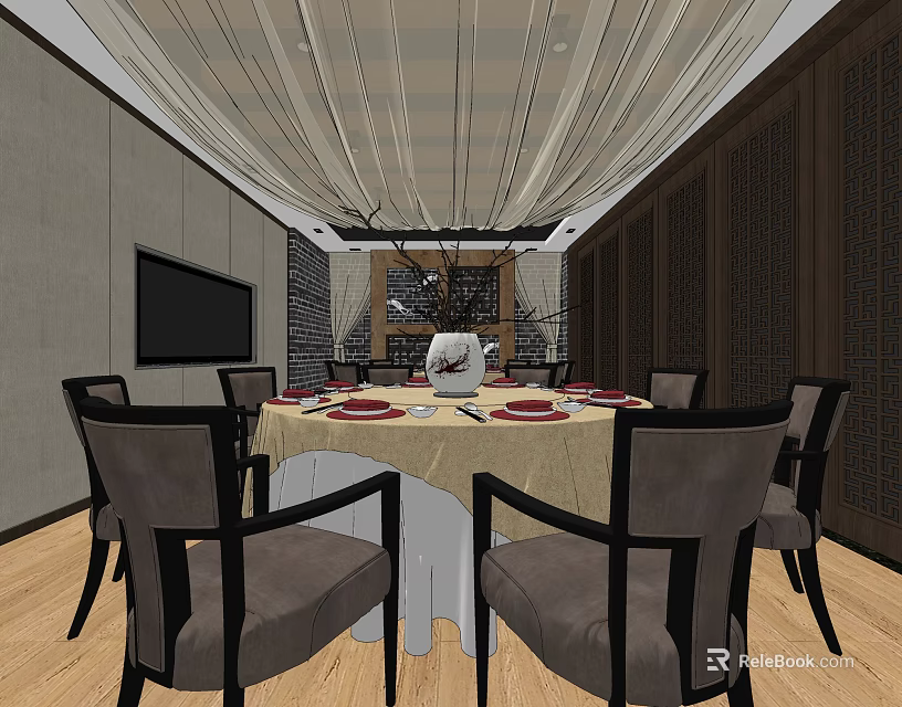 Elegant Private Dining Room With Round Table Tablecloth Chairs TV And Ceiling Decor 3d model 