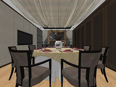 Elegant Private Dining Room With Round Table Tablecloth Chairs TV And Ceiling Decor 3d model