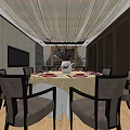 Elegant Private Dining Room With Round Table Tablecloth Chairs TV And Ceiling Decor