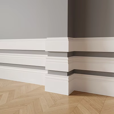 Modern Interior Corner With White And Gray Baseboard Molding Herringbone Wooden Flooring And Decorative Trim 3d model