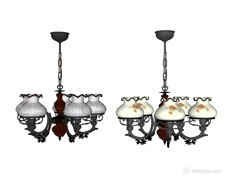 Vintage Style Chandelier Design With Dark Metal Frame And White Floral Pattern Lampshades 3d model 