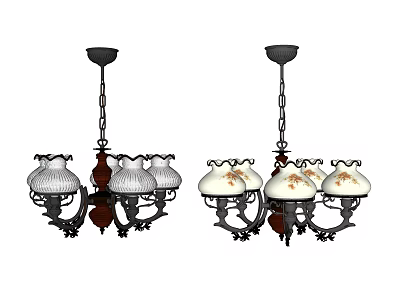 Vintage Style Chandelier Design With Dark Metal Frame And White Floral Pattern Lampshades 3d model