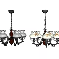 Vintage Style Chandelier Design With Dark Metal Frame And White Floral Pattern Lampshades