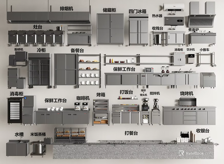 Comprehensive Professional Kitchen Equipment With Worktables Refrigerators Ovens Stoves And Range Hoods 3d model 