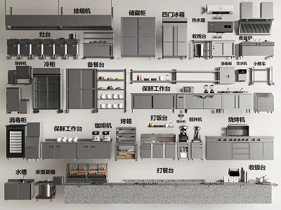 Comprehensive Professional Kitchen Equipment With Worktables Refrigerators Ovens Stoves And Range Hoods 3d model