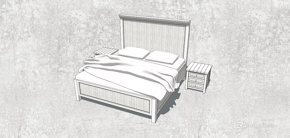 Wooden Double Bed with Headboard Two Pillows White Bedspread and Nightstands 3d model 