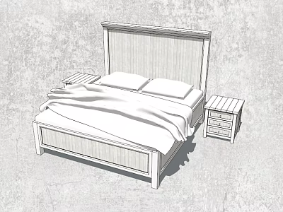 Wooden Double Bed with Headboard Two Pillows White Bedspread and Nightstands 3d model