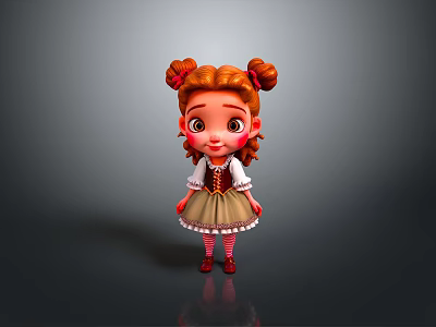 Cartoon Girl With Curly Brown Hair Buns White Blouse Brown Skirt Striped Socks Red Shoes 3d model