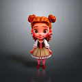 Cartoon Girl With Curly Brown Hair Buns White Blouse Brown Skirt Striped Socks Red Shoes
