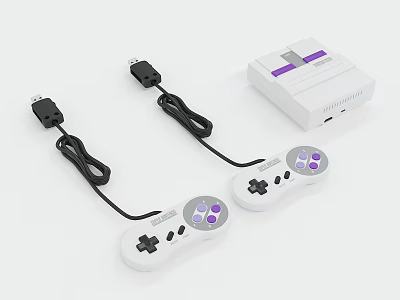 Retro Entertainment Gaming Console With Two Wired Controllers And Purple Buttons 3d model