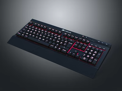 Black Mechanical Gaming Keyboard With Red Backlit Keys And Ergonomic Wrist Rest Design 3d model
