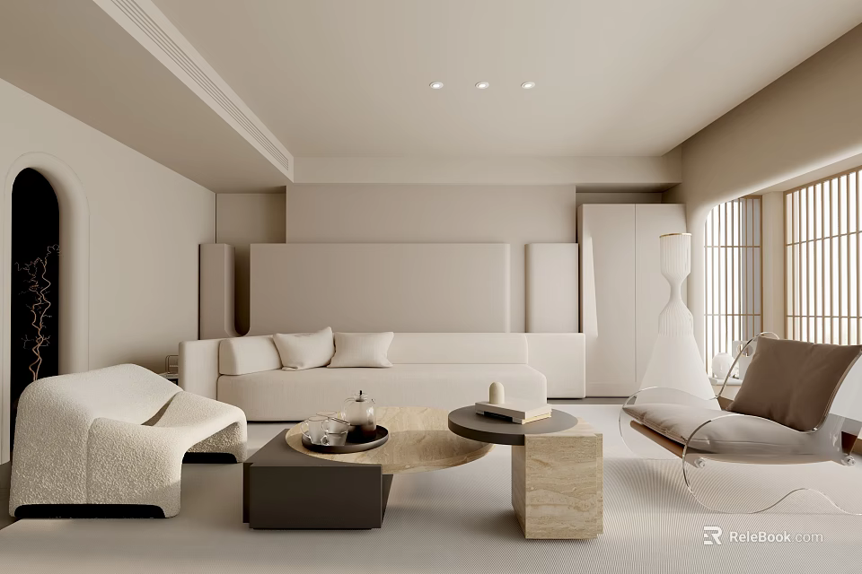 Minimalist Living Room Interior Design With White Sofa Armchair And Coffee Tables 3d model 