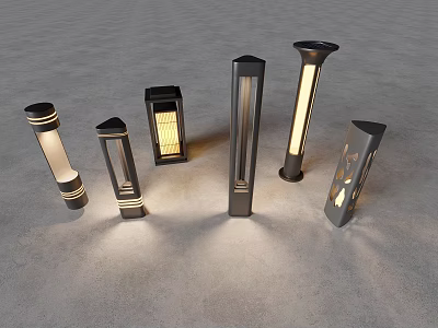 Various Modern Outdoor Lights With Metal Frames And Glass Panels Illuminated For Garden Pathway Use 3d model