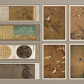 Traditional Chinese Paintings with Flower Bird Themes and Calligraphy Artwork in Framed Scrolls