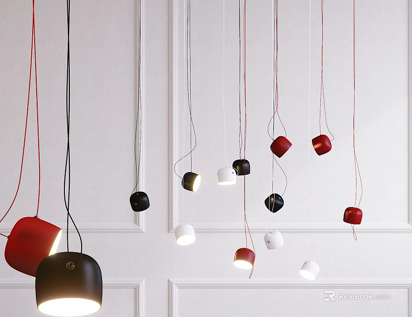 Modern Multiple Pendant Lights in Red Black White Hanging on White Wall 3d model