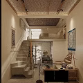 Modern Loft Interior With Staircase Sofa Decorative Art Wooden Ceiling And Cozy Rug