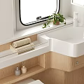 Modern Bathroom Interior With White Sink Wooden Cabinets Towel Rack Green Plants And Folded Towels