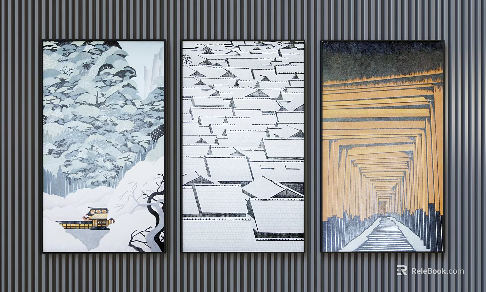 Three Decorative Wall Paintings Featuring Snow Scene Rooftops And Torii Gates 3d model
