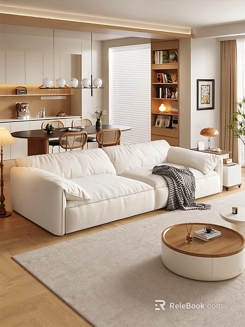 Soft Cream White Sectional Sofa And Round Wooden Coffee Table Set For Cozy Living Room 3d model 