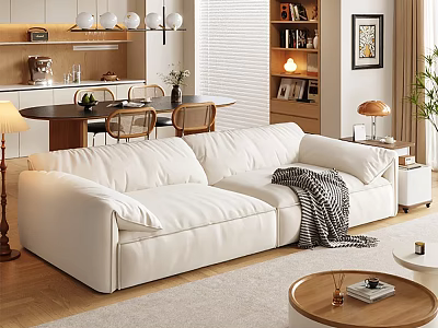 Soft Cream White Sectional Sofa And Round Wooden Coffee Table Set For Cozy Living Room 3d model