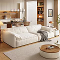 Soft Cream White Sectional Sofa And Round Wooden Coffee Table Set For Cozy Living Room