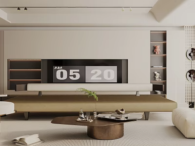 Modern Living Room Interior Design With Beige Sofa Wooden Coffee Table TV Wall And Decorative Shelves 3d model