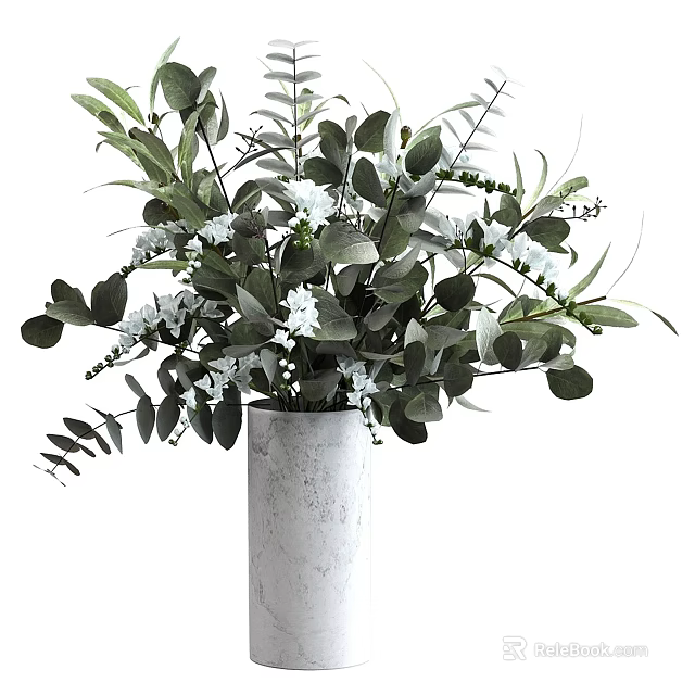 Modern Concrete Vase With Green Eucalyptus Leaves And White Flowers For Interior Decor 3d model 