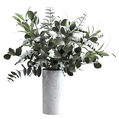 Modern Concrete Vase With Green Eucalyptus Leaves And White Flowers For Interior Decor 3d model