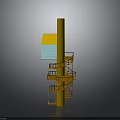 Modern Architectural Structure With Yellow Column Blue Small House And Spiral Staircase