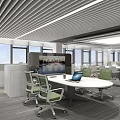 Modern Public Office Area With Open Layout Desks Chairs Natural Light And Striped Carpet
