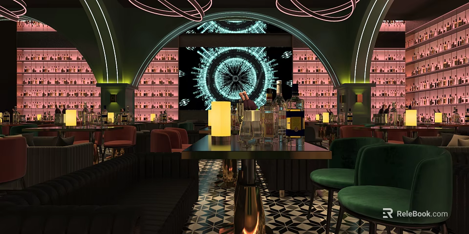 Modern Bar Interior Featuring Neon Lights Circular Decor Wine Racks Green Chairs And Patterned Tiles 3d model 